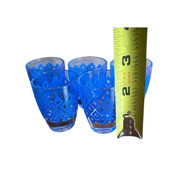 Mid-Century Made in France Blue Diamond Shot Glasses Set Of 5 Shot Glasses - Picture 5 of 6